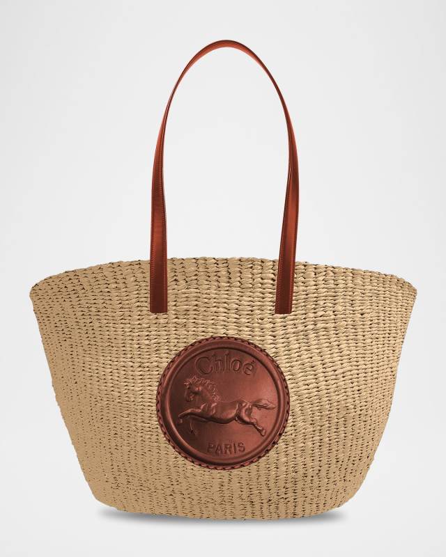 Large Horse Medal Basket Tote Bag in Paper and Leather